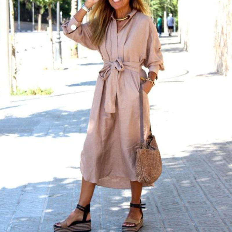 Classic Belted Lapel V Neck Bishop long sleeves Pure Colour Dress