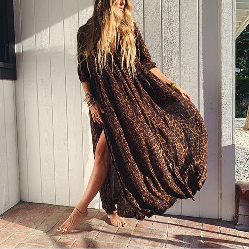 Modern Casual Leopard Print Side Slit Floor-Length short sleeves Dress