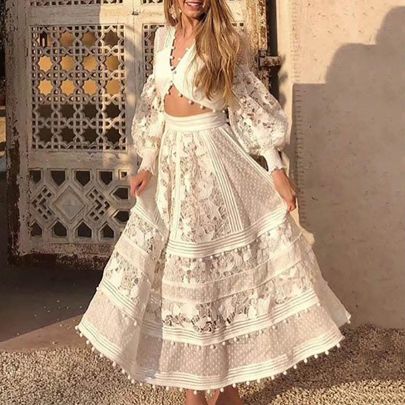 Sweet V Neck long sleeves Hollow Out Lace Pure Colour Top-Skirt Suit