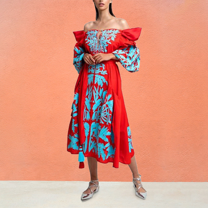 Women's One-Piece Puff long sleeves Printed Tassel Dress