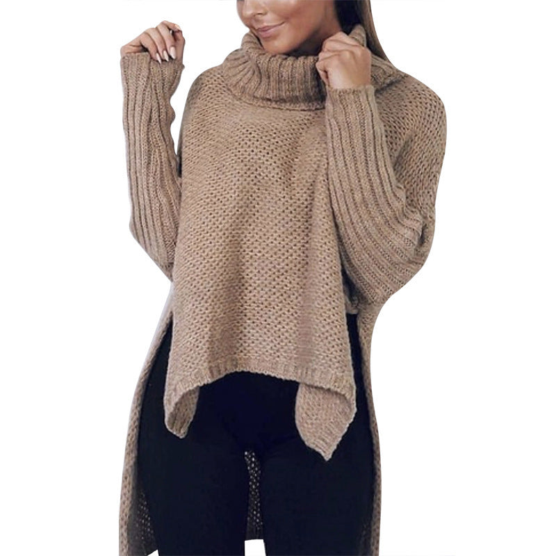 Classic Casual High Collar Side Slit High-Low Long Sleeve Sweater