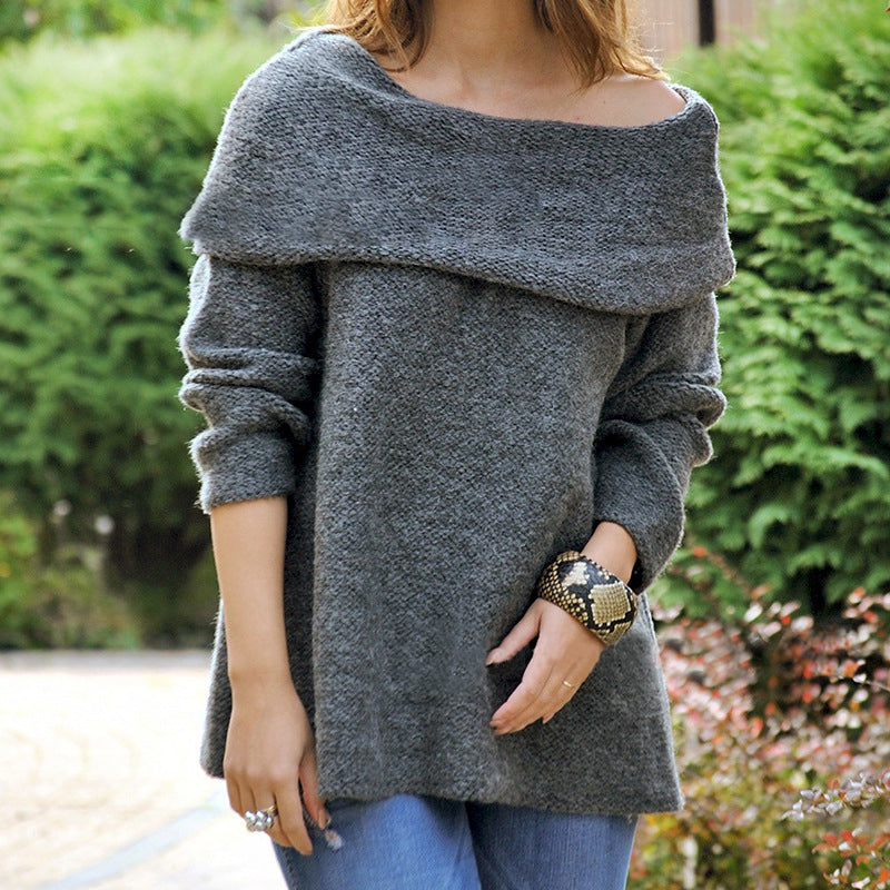 Commuting Turndown Collar Pure Colour Loose Pullover Sweater