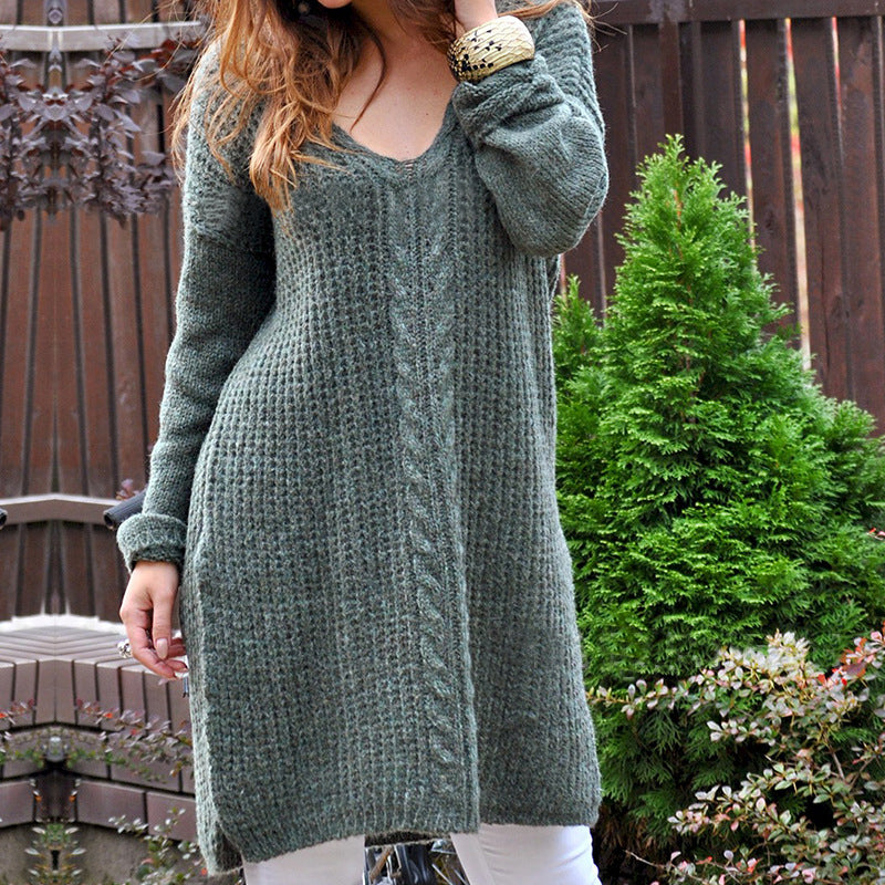 Women Casual Deep V Collar Long Sleeve Knit Plain Loose Sweater