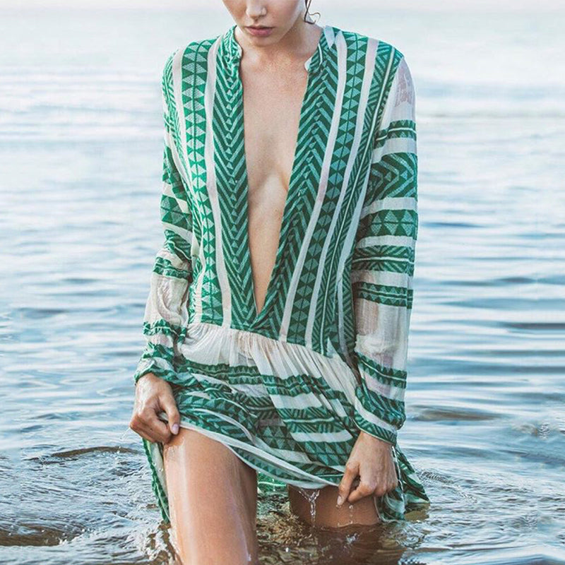 Beach Deep V Neck Printed Color Long Sleeve Dress