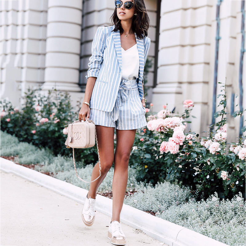 Classy Splicing Striped Lace-Up Blazer Suits