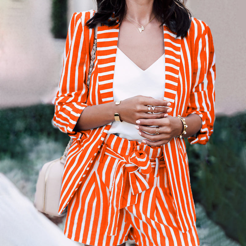 Classy Splicing Striped Lace-Up Blazer Suits