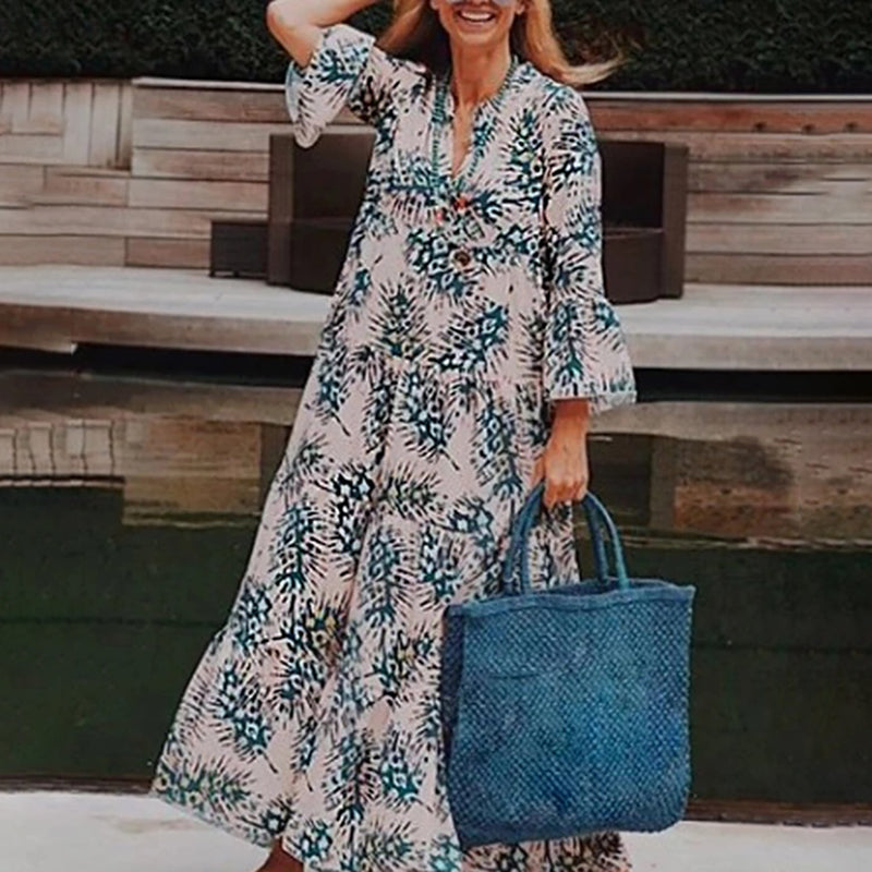 Casual Printed Colour V Neck Long Sleeve Dress