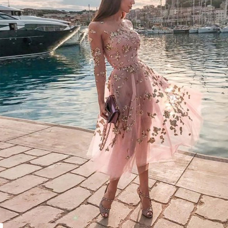 Women's Elegant Tube Top Floral Pattern Zips long sleeve Evening Dress