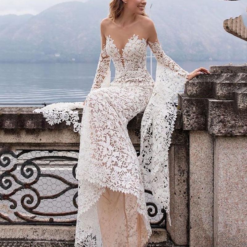 Sexy Lace V Neck  Off-Shoulder long sleeves Floor-Length Evening Dress