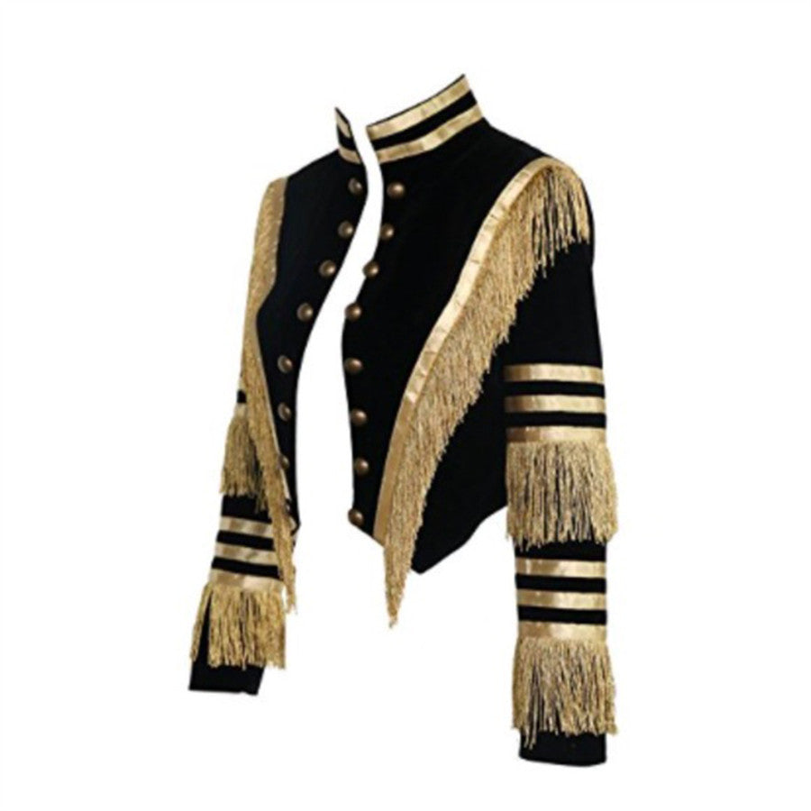 Fashion Stand Collar Fringed Metal Striped Long Sleeve Jackets