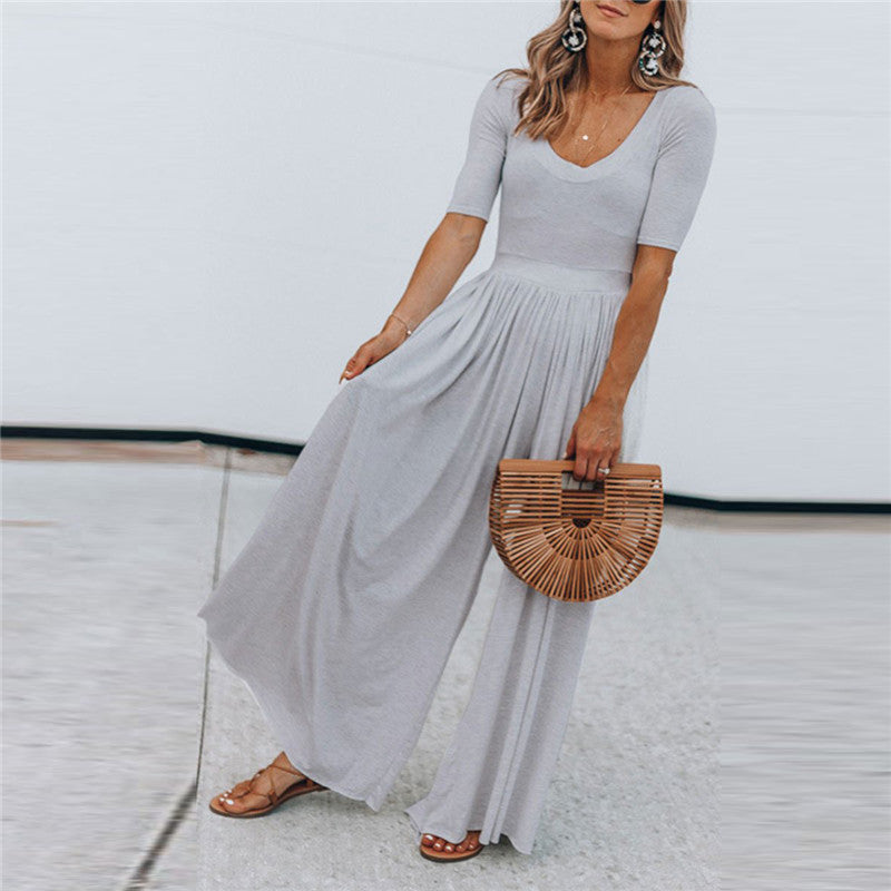 Fashion Round Neck Short Sleeve Solid Color Jumpsuits