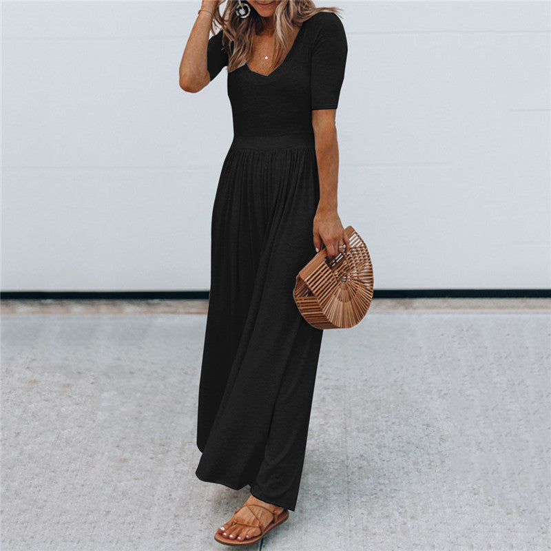 Fashion Round Neck Short Sleeve Solid Color Jumpsuits