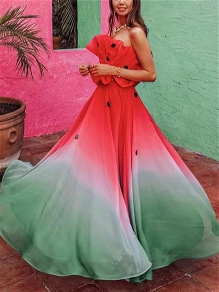 Modern Watermelon Pattern Gradient Off Shoulder sleeveless Ruffle Maxi Dress