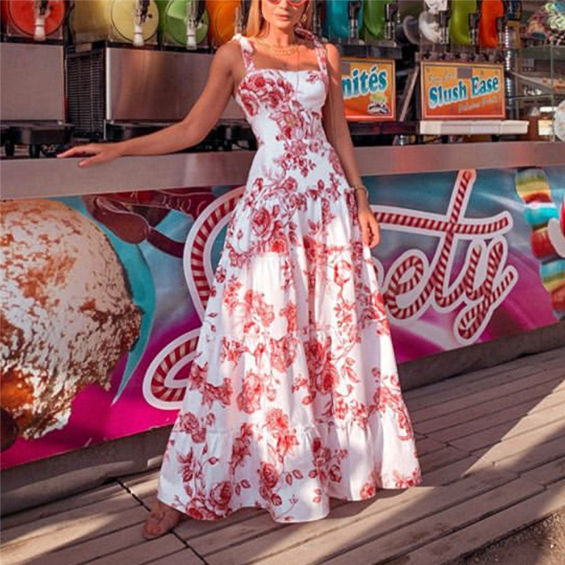 Vacation sleeveless Floral Print Splicing Spaghetti Strap Maxi Dress