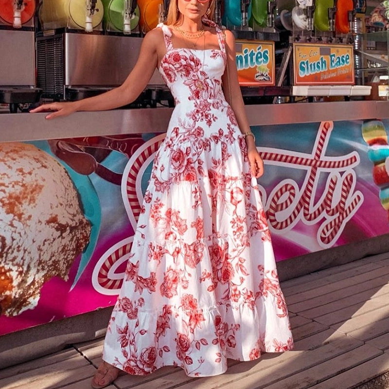 Vacation sleeveless Floral Print Splicing Spaghetti Strap Maxi Dress