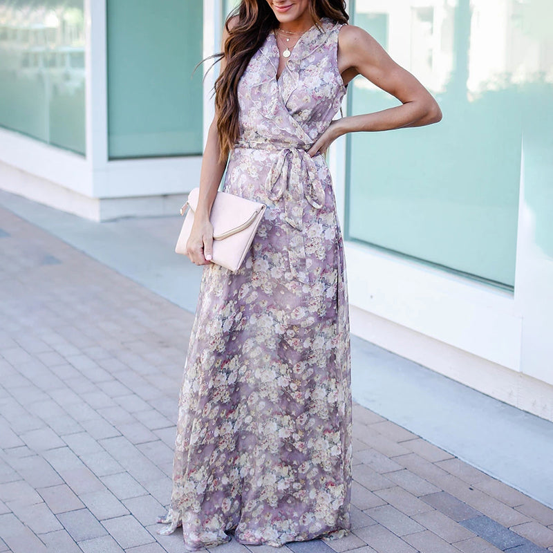 V Neck Sleeveless Printed Colour Belted Bohemian Mop Dress