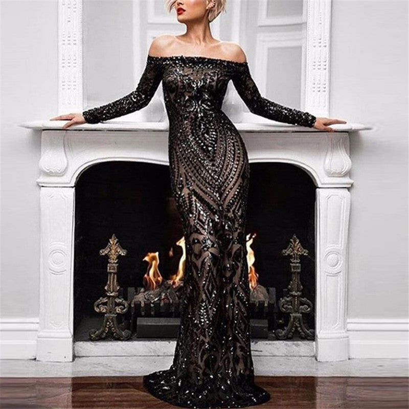 Sexy Off Shoulder Sequined Lace Fishtail Evening Dress
