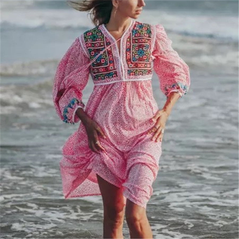 Ethnic Style Printed Beach Vacation Long Sleeve Dress