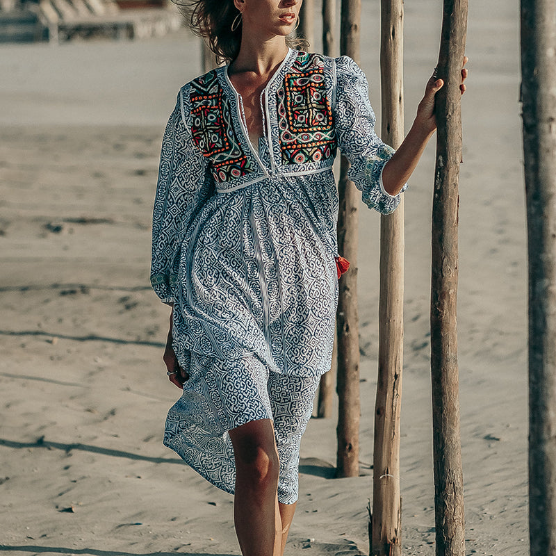 Bohemian Deep V Neck Tassel High-Waist Loose Printed Dress