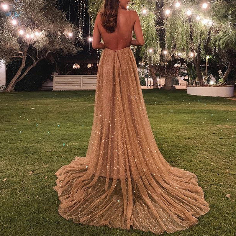 Sexy Sling Sleeveless Sequins Decorative Backless Evening Dresses