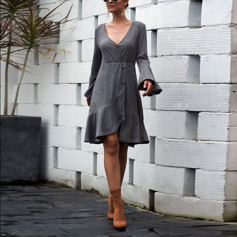V Neck Bell long sleeves Pure Colour Single-Breasted Ruffled Splicing Dress