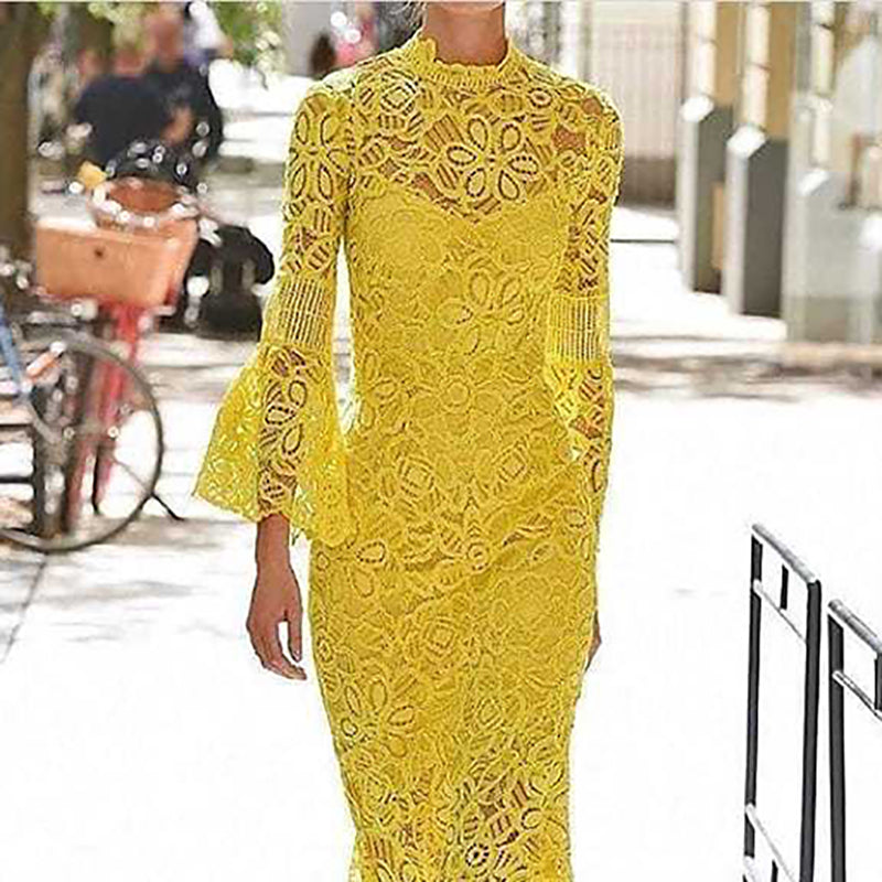 Europe And America Style Round Neck Pure Colour Long Sleeve Lace Dress