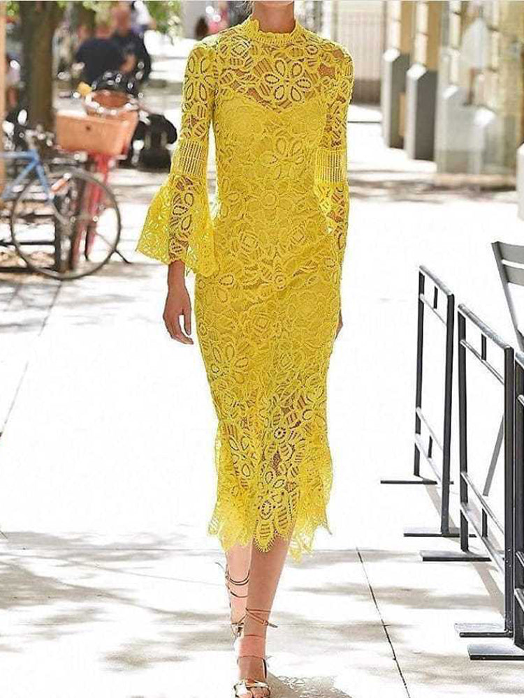 Europe And America Style Round Neck Pure Colour Long Sleeve Lace Dress