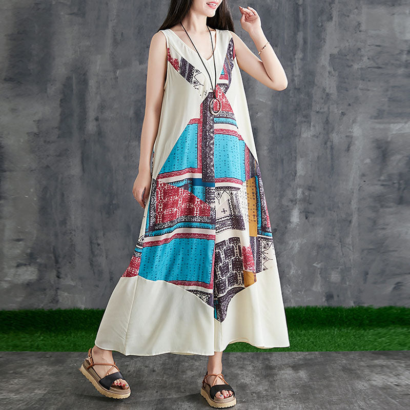 Casual Loose Ethnic Style V-Neck Sleeveless Wide-Leg Dress