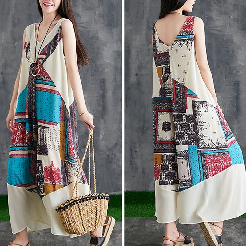 Casual Loose Ethnic Style V-Neck Sleeveless Wide-Leg Dress