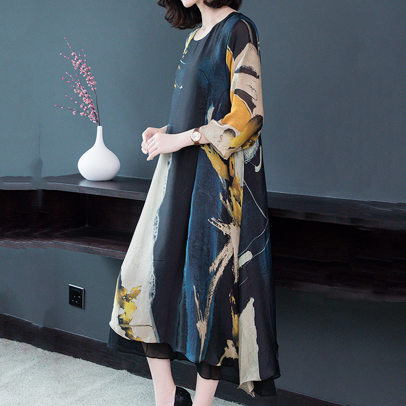 Socialite Long  Sleeve Round Neck Printed Color Dress