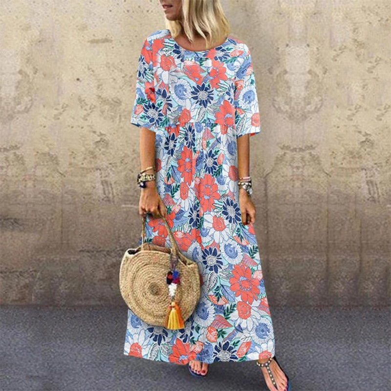 Chinese Style Short Sleeve Round Neck Printed Color Dress