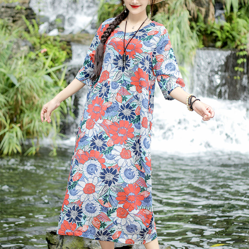 Chinese Style Short Sleeve Round Neck Printed Color Dress