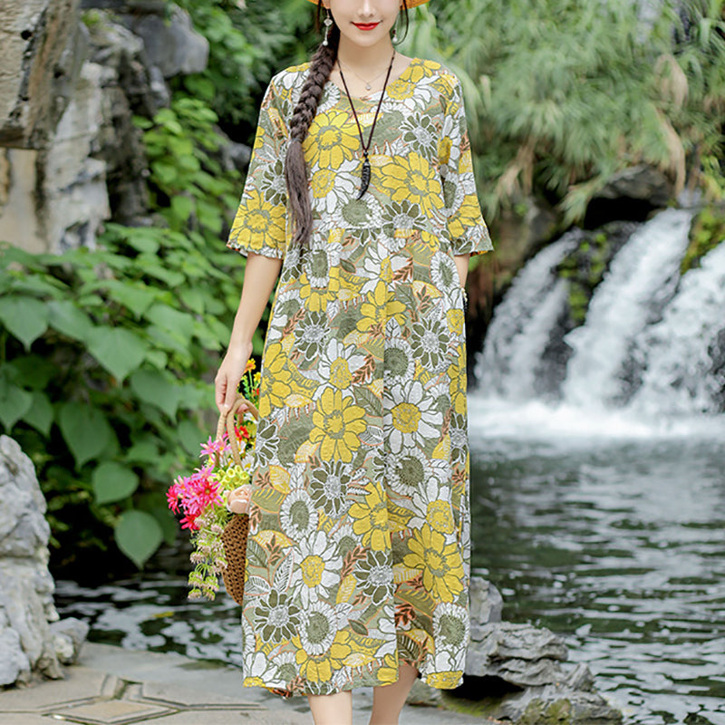 Chinese Style Short Sleeve Round Neck Printed Color Dress