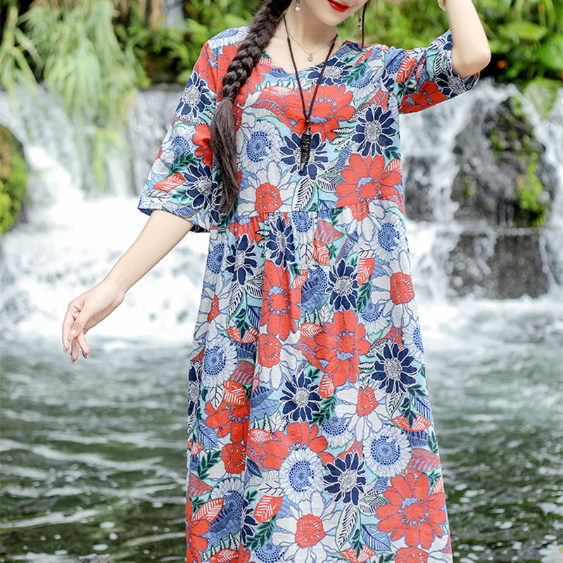 Chinese Style Short Sleeve Round Neck Printed Color Dress