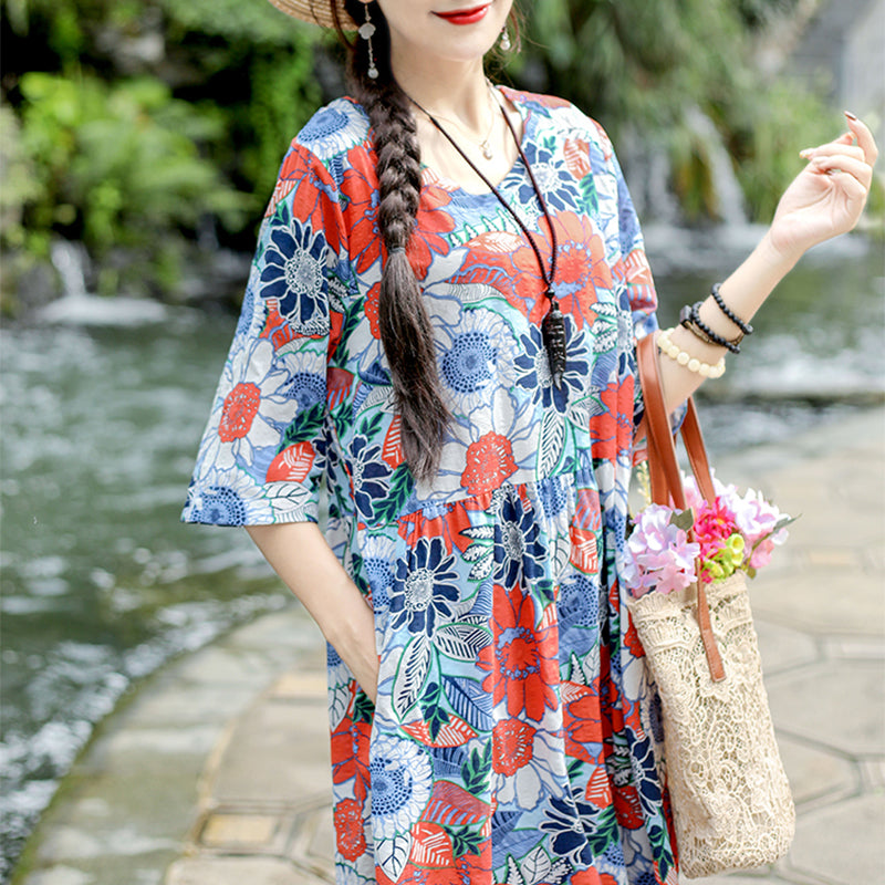 Chinese Style Short Sleeve Round Neck Printed Color Dress