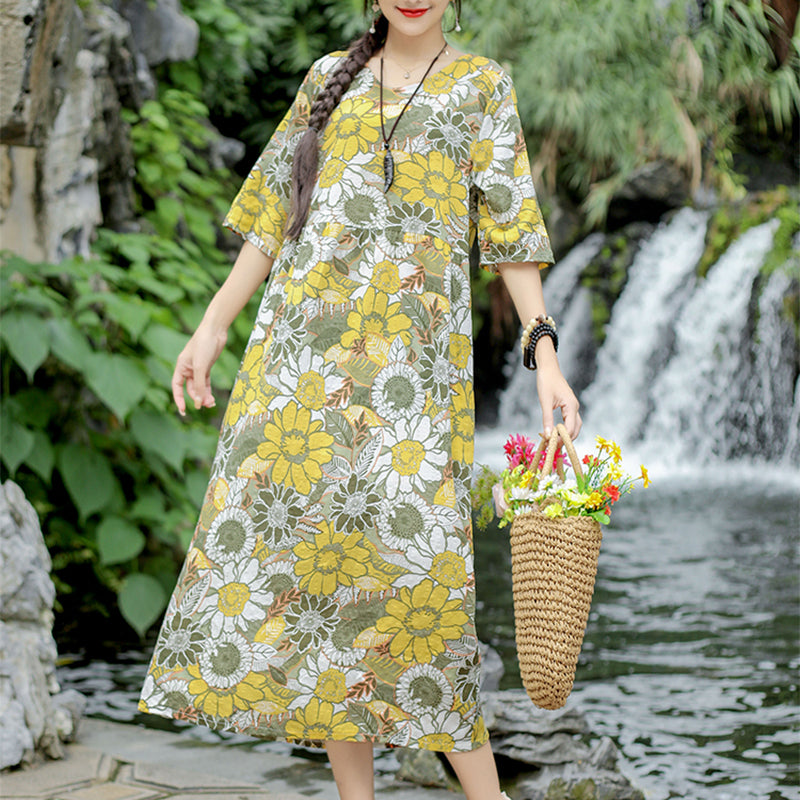 Chinese Style Short Sleeve Round Neck Printed Color Dress