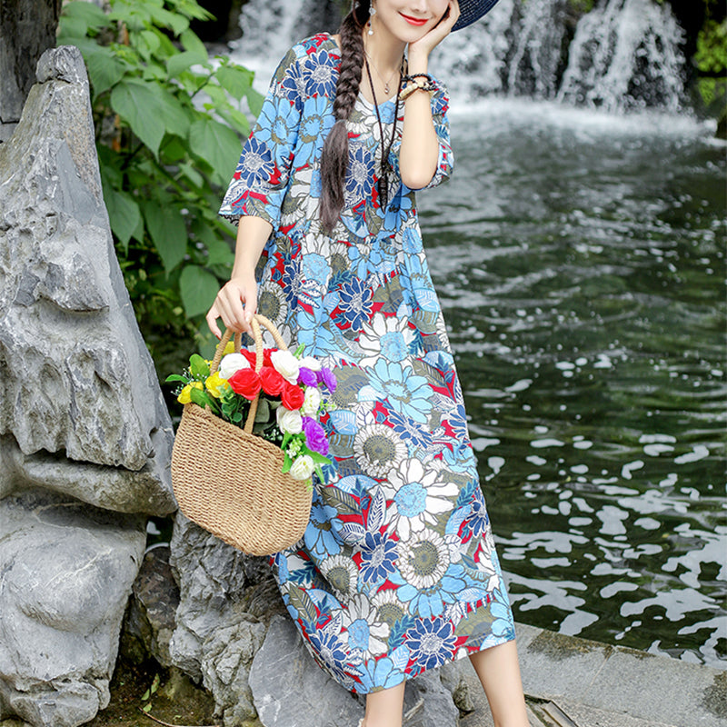 Chinese Style Short Sleeve Round Neck Printed Color Dress