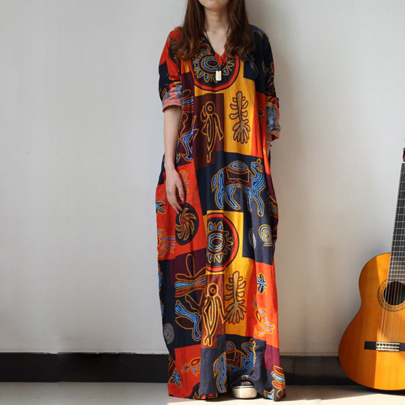 Casual Large Size V-Neck Long-Sleeved Printed Cotton And Linen Dress