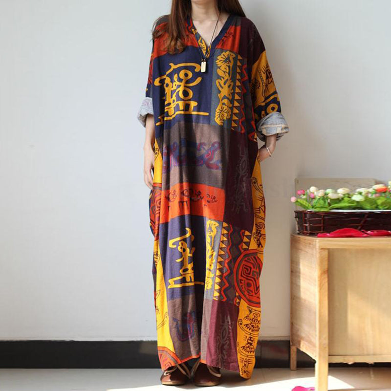 Casual Large Size V-Neck Long-Sleeved Printed Cotton And Linen Dress
