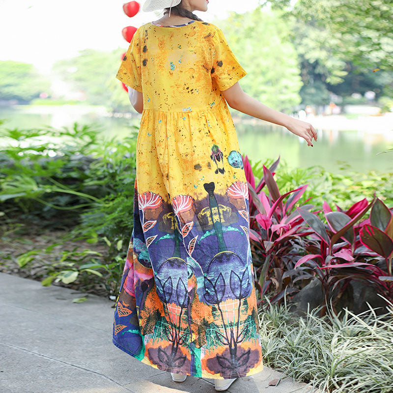 Ethnic Style Print Loose Slim Large Size short sleeve  Dress