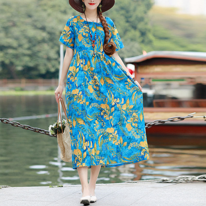 Ethnic Style Print Loose Slim Large Size short sleeves Dress
