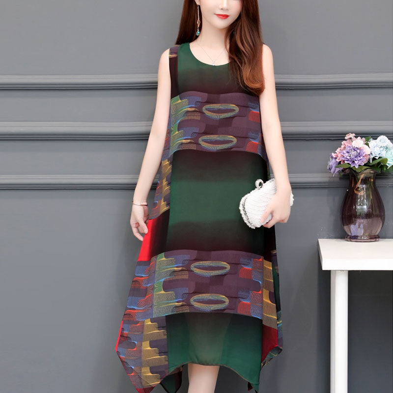 Casual National Wind Chiffon Print Vest sleeveless Dress