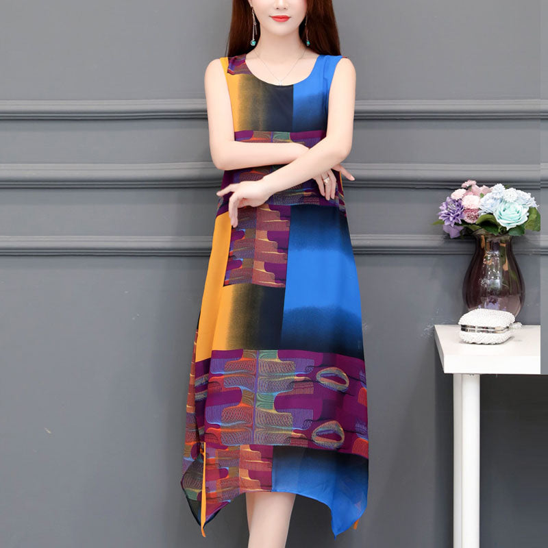 Casual National Wind Chiffon Print Vest sleeveless Dress