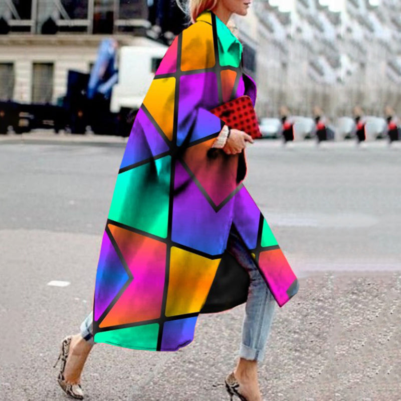 Fashion Contrast Color Turndown Collar Long Coat