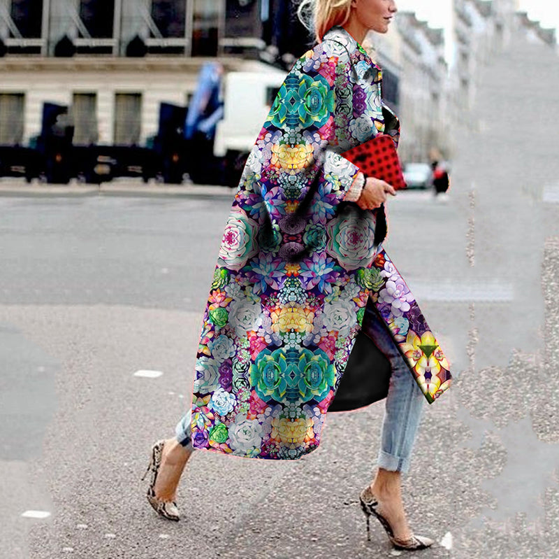 Women's Fashion Printed Color Long Sleeve Loose Coat