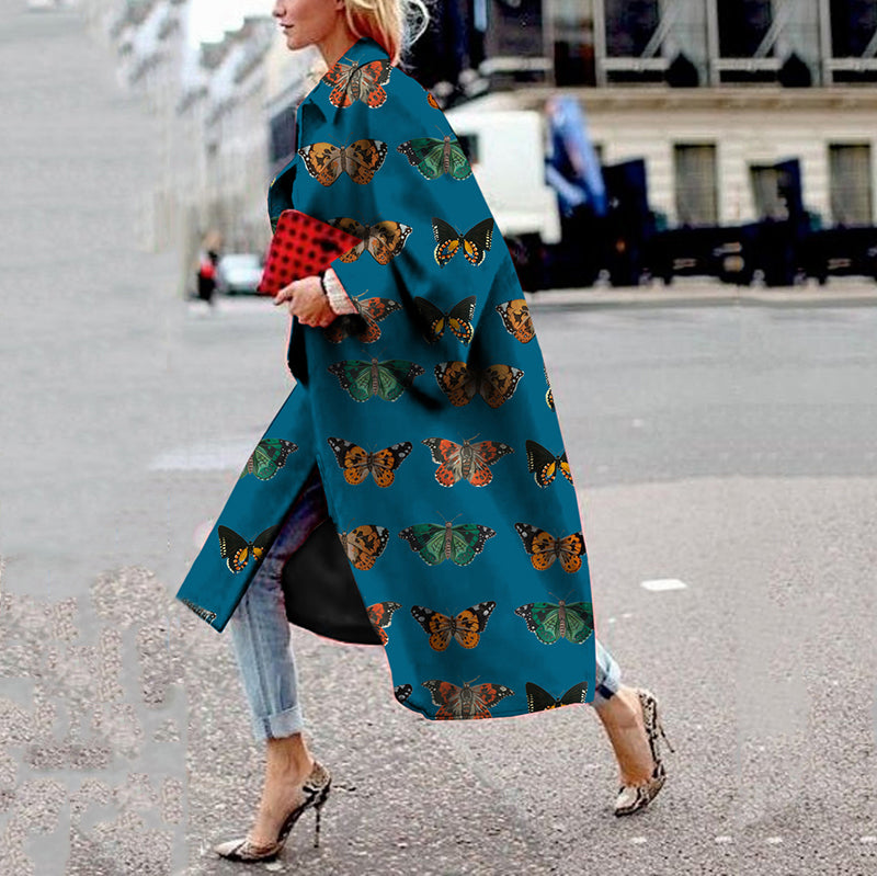 Women's Fashion Turndown Collar Printed Color Long Sleeve Coat