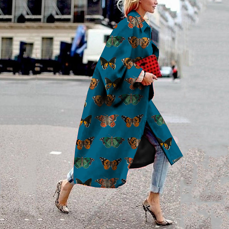 Women's Fashion Turndown Collar Printed Color Long Sleeve Coat