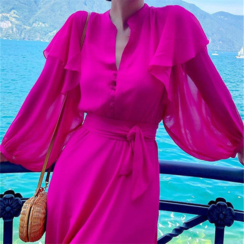 Fashion V-Neck Puff long sleeves  Solid Color Dresses