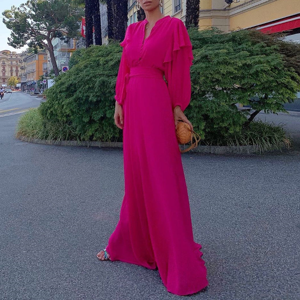 Fashion V-Neck Puff long sleeves  Solid Color Dresses