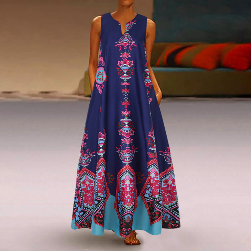 Bohemian High-Waist sleeveless Peach Collar Printed Long Dress